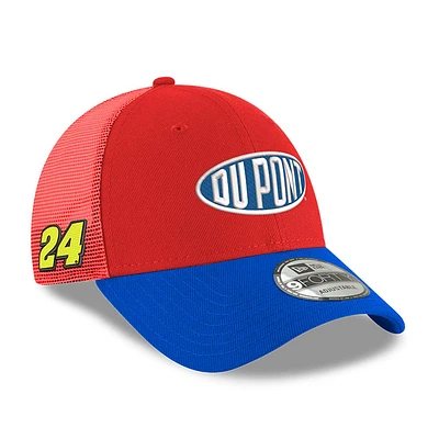 Casquette New Era Scarlet Jeff Gordon Dupont 9FORTY A-Frame Trucker Snapback pour homme