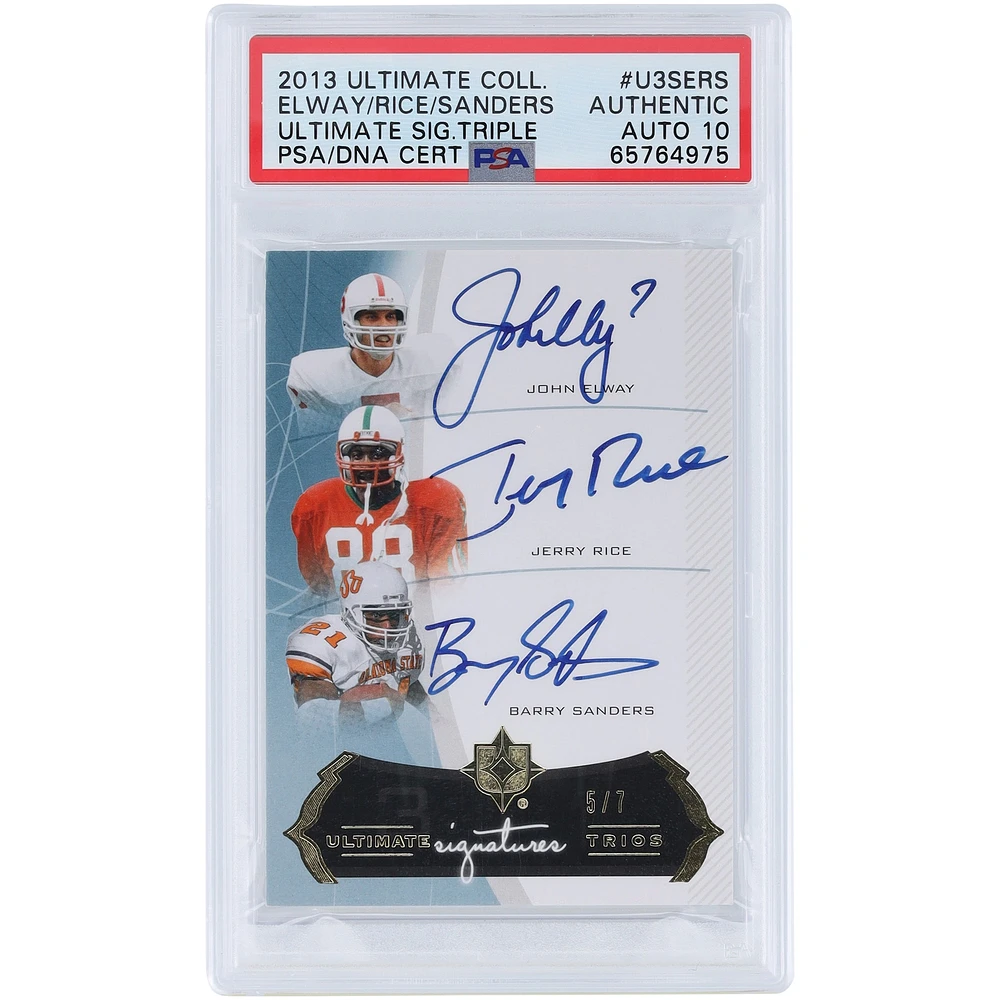 John Elway, Jerry Rice et Barry Sanders ont autographié les trios de la collection Ultimate Upper Deck 2013 #U3S-ERS #5/7 PSA Authenticated Auto 10 Card