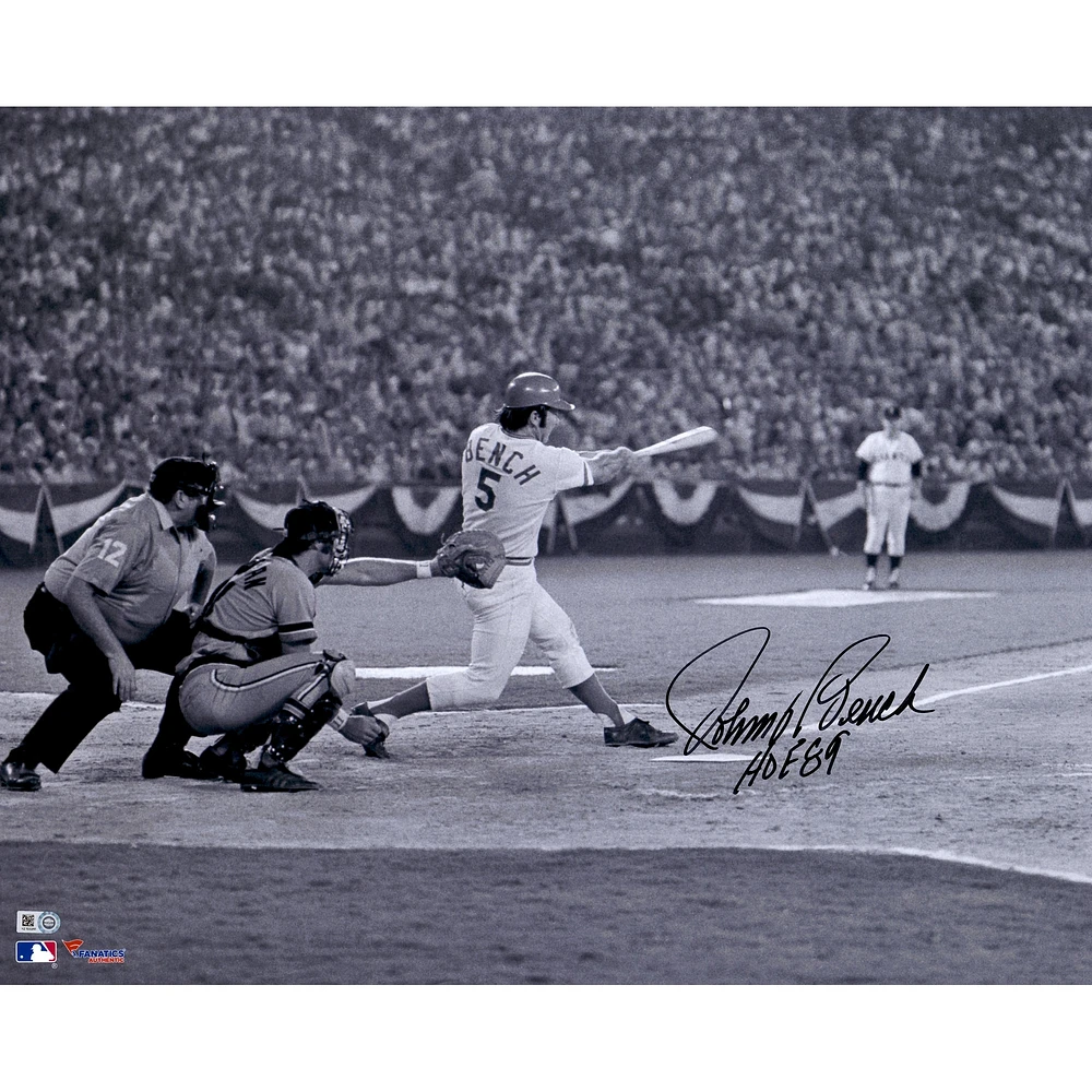 Photographie de frappe en noir et blanc autographiée de Johnny Bench des Reds de Cincinnati, 16" x 20", avec l'inscription "HOF 89"