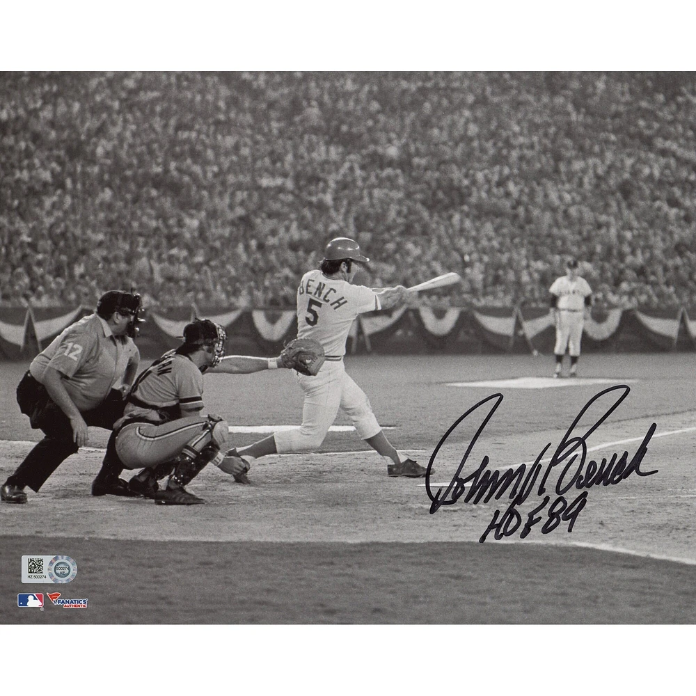 Johnny Bench Cincinnati Reds Autographed 8'' x 10'' Black & White Hitting Photograph with "HOF 89" Inscription