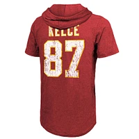 Men's Majestic Threads Travis Kelce Red Kansas City Chiefs Player Name & Number Tri-Blend Hoodie T-Shirt