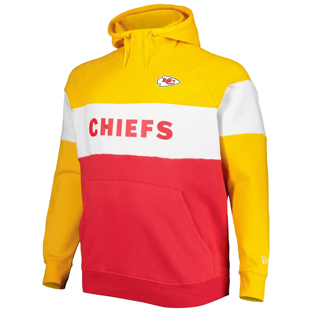Men's New Era Gold/Red Kansas City Chiefs Big & Tall Current Team Colorblock Fleece Raglan Pullover Hoodie
