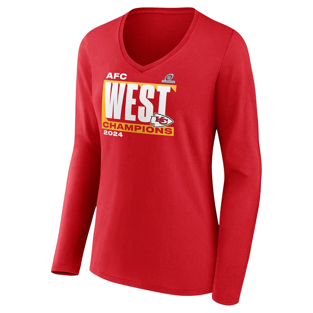 Women's Fanatics Red Kansas City Chiefs 2024 AFC West Division Champions Conquer Long Sleeve V-Neck T-Shirt