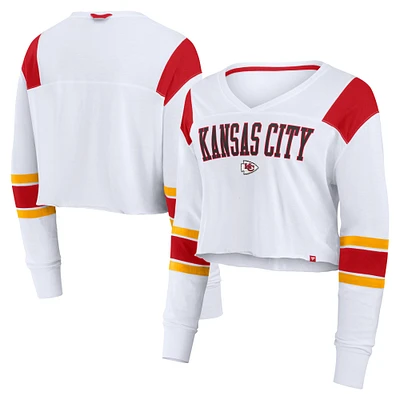 T-shirt court extensible à manches longues et col en V Fanatics pour femmes, blanc, Kansas City Chiefs