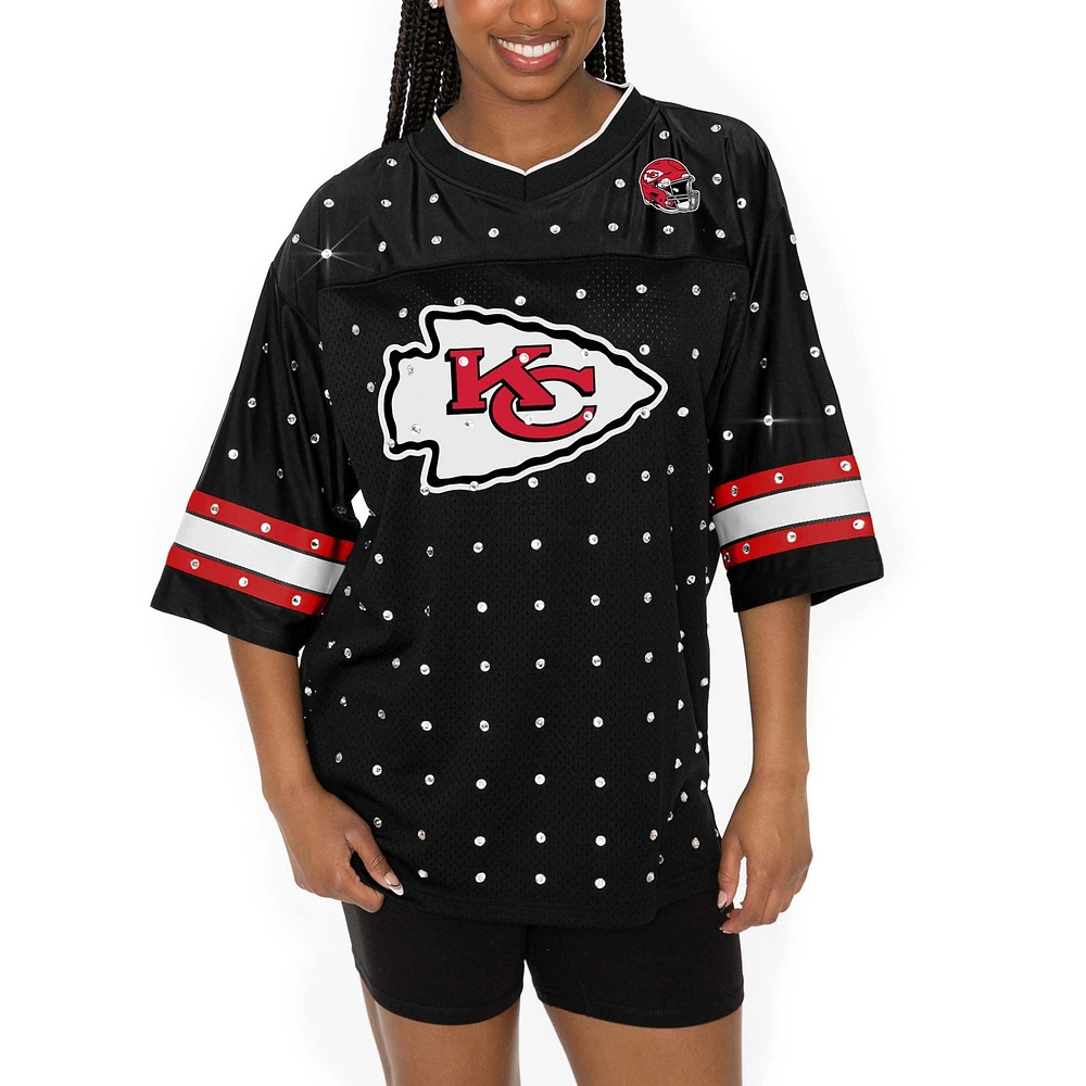 T-shirt à col en V jersey rayures sportives et strass pour femme Gameday Couture Black Kansas City Chiefs Kickoff Time