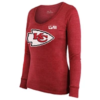 Women's Majestic Threads Patrick Mahomes Red Kansas City Chiefs Super Bowl LVIII Scoop Name & Number Tri-Blend Long Sleeve T-Shirt