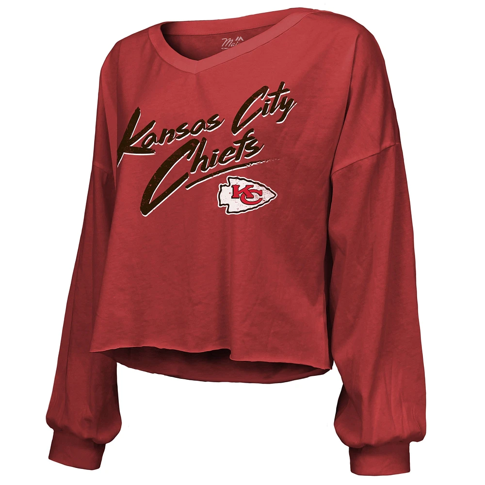 Women's Majestic Threads Travis Kelce Red Kansas City Chiefs Name & Number Off-Shoulder Script Cropped Long Sleeve V-Neck T-Shirt