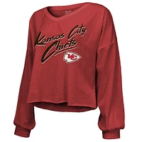 Women's Majestic Threads Travis Kelce Red Kansas City Chiefs Name & Number Off-Shoulder Script Cropped Long Sleeve V-Neck T-Shirt