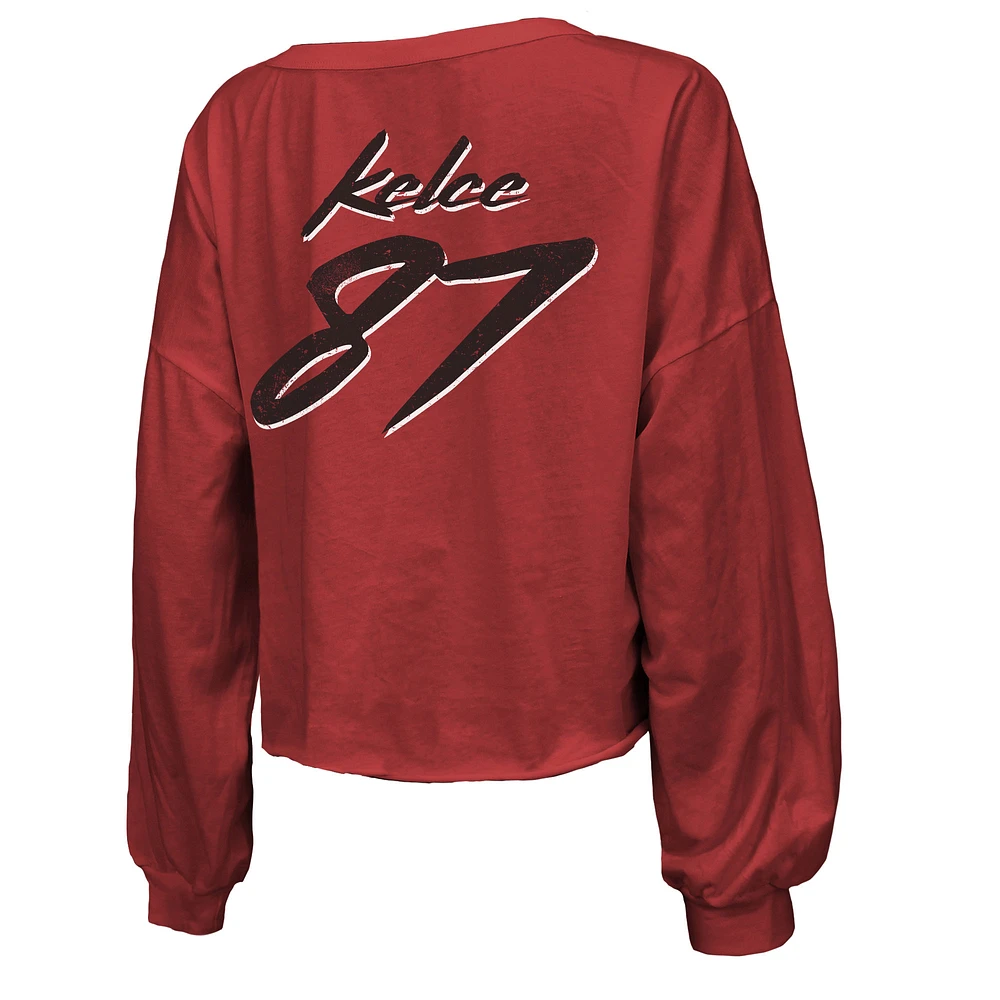 Women's Majestic Threads Travis Kelce Red Kansas City Chiefs Name & Number Off-Shoulder Script Cropped Long Sleeve V-Neck T-Shirt