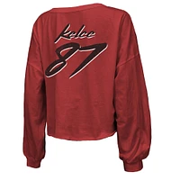 Women's Majestic Threads Travis Kelce Red Kansas City Chiefs Name & Number Off-Shoulder Script Cropped Long Sleeve V-Neck T-Shirt