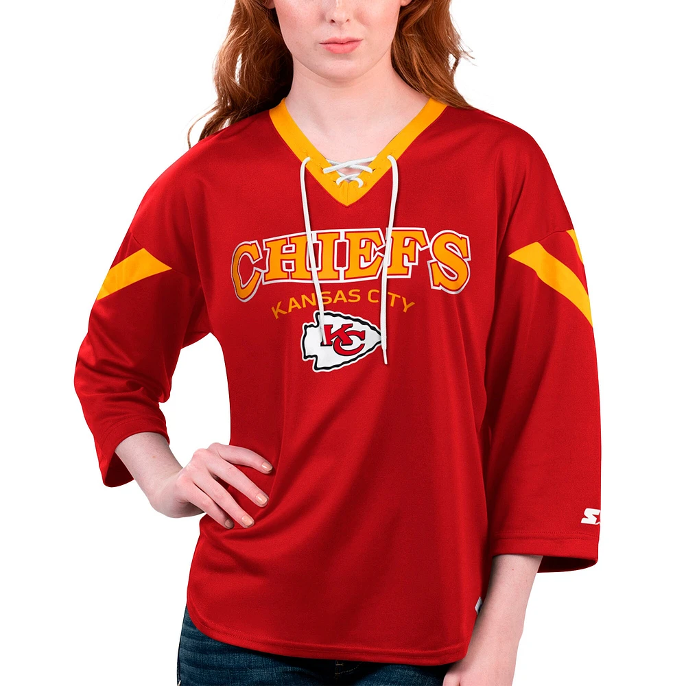 Women's Starter Red Kansas City Chiefs Rally Lace-Up 3/4 Sleeve T-Shirt