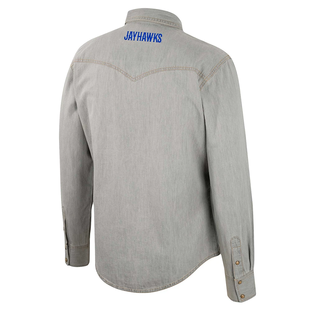 Men's Colosseum x Wrangler Gray Kansas Jayhawks Cowboy Cut Western Full-Snap Long Sleeve Shirt
