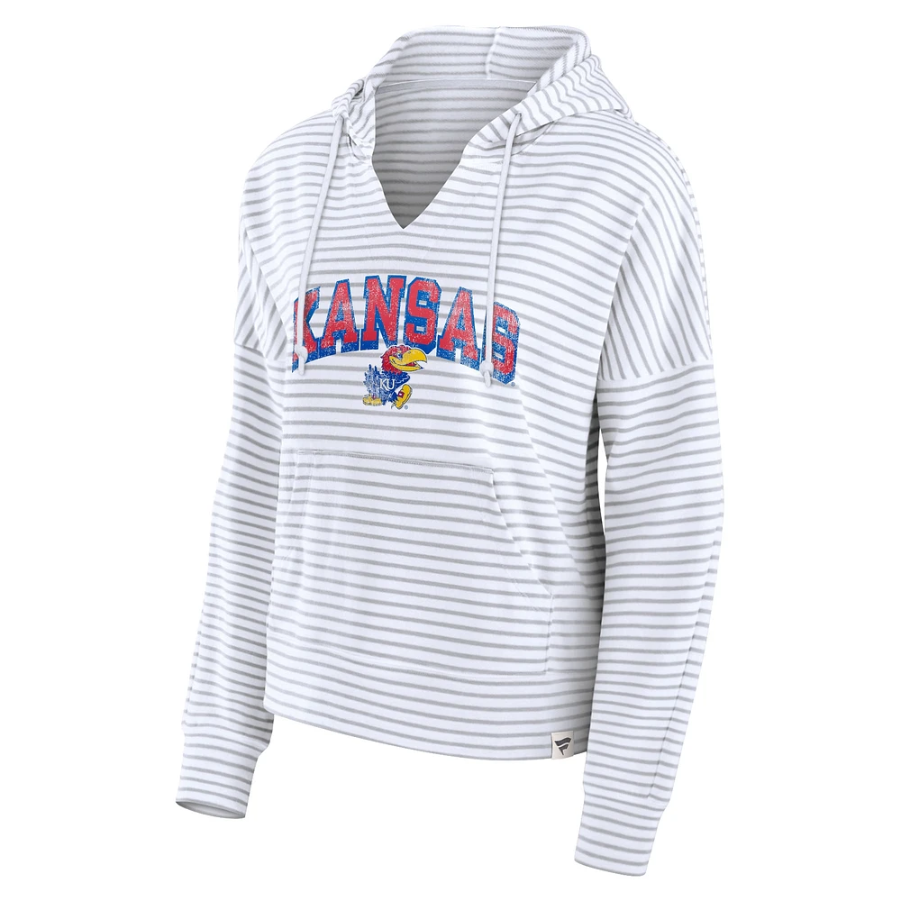Women's Fanatics  White Kansas Jayhawks Striped Notch Neck Pullover Hoodie