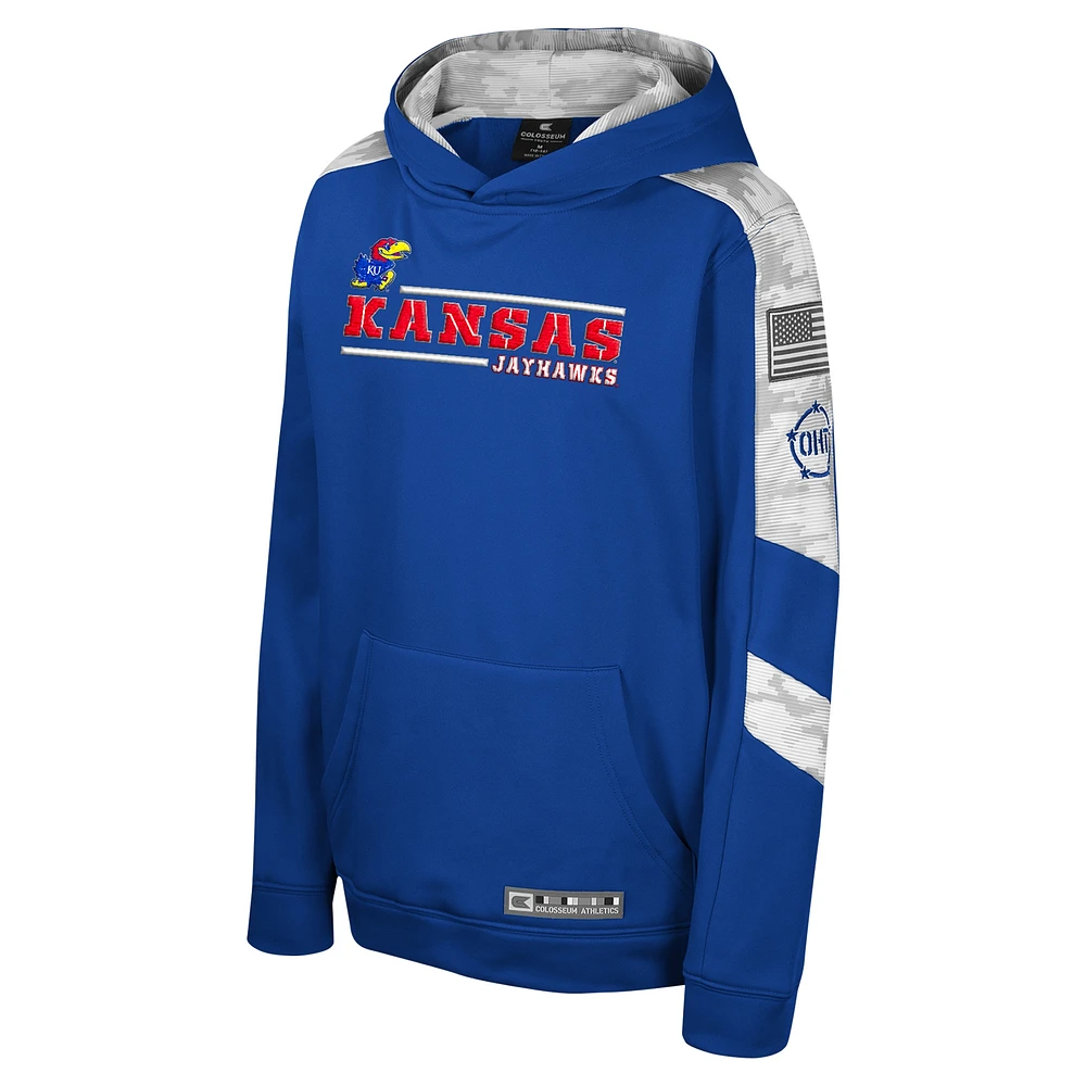 Youth Colosseum Royal Kansas Jayhawks OHT Military Appreciation Cyclone Digital Camo Pullover Hoodie