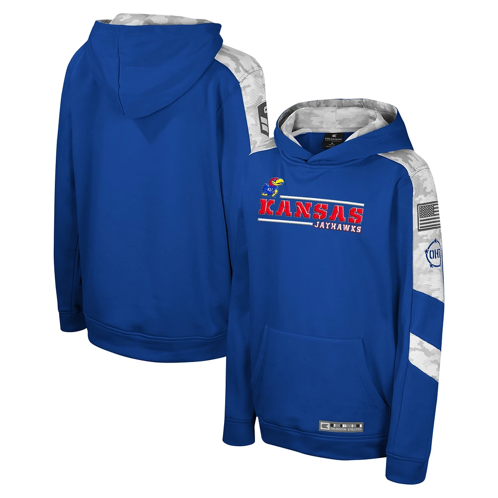 Youth Colosseum Royal Kansas Jayhawks OHT Military Appreciation Cyclone Digital Camo Pullover Hoodie
