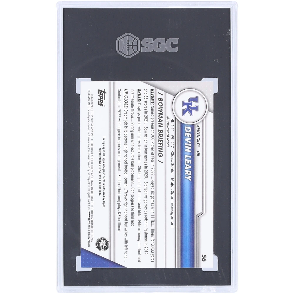 Devin Leary Kentucky Wildcats Autographed 2023 Bowman Chrome U #56 SGC Authenticated 10/10 Card