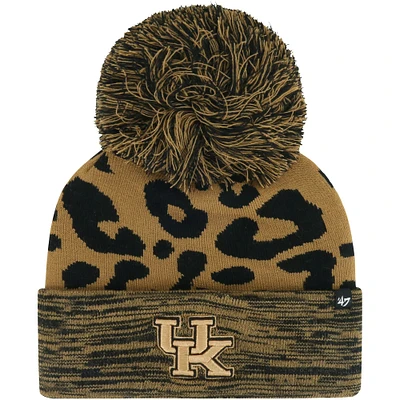 Bonnet en tricot à revers rosette '47 marron pour femmes avec pompon