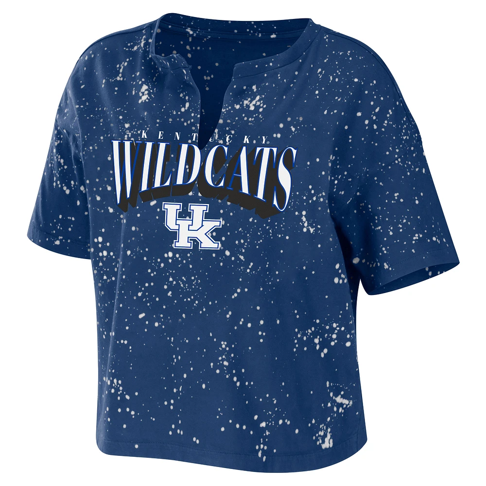 Women's WEAR by Erin Andrews Royal Kentucky Wildcats Bleach Wash Splatter Cropped Notch Neck T-Shirt