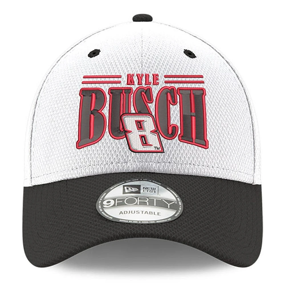Casquette à arche ajustable Kyle Busch 9FORTY New Era pour homme, blanche/noire