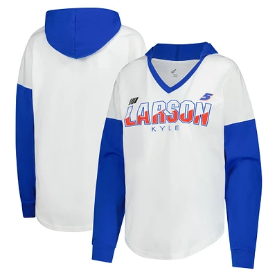 T-shirt à capuche surdimensionné manches longues et col en V pour femme G-III 4Her de Carl Banks, blanc/royal, Kyle Larson Bench Player