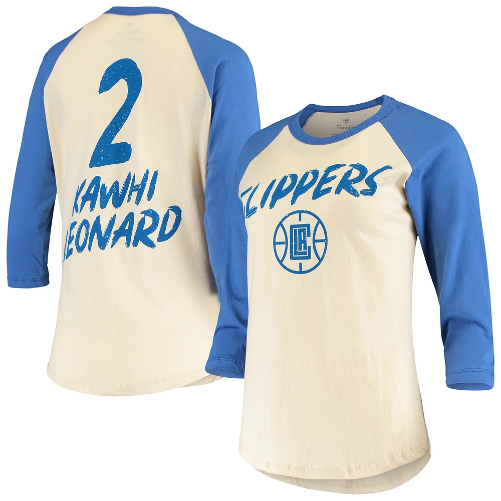 T-shirt à manches 3/4 raglan Fanatics Kawhi Leonard pour femmes, crème LA Clippers