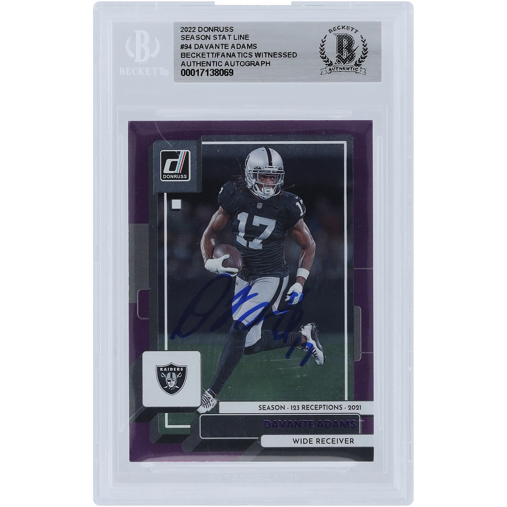Davante Adams Las Vegas Raiders Autographed 2022 Panini Donruss Purple Season Stat Line #94 #/123 Beckett Fanatics Witnessed Authenticated Card