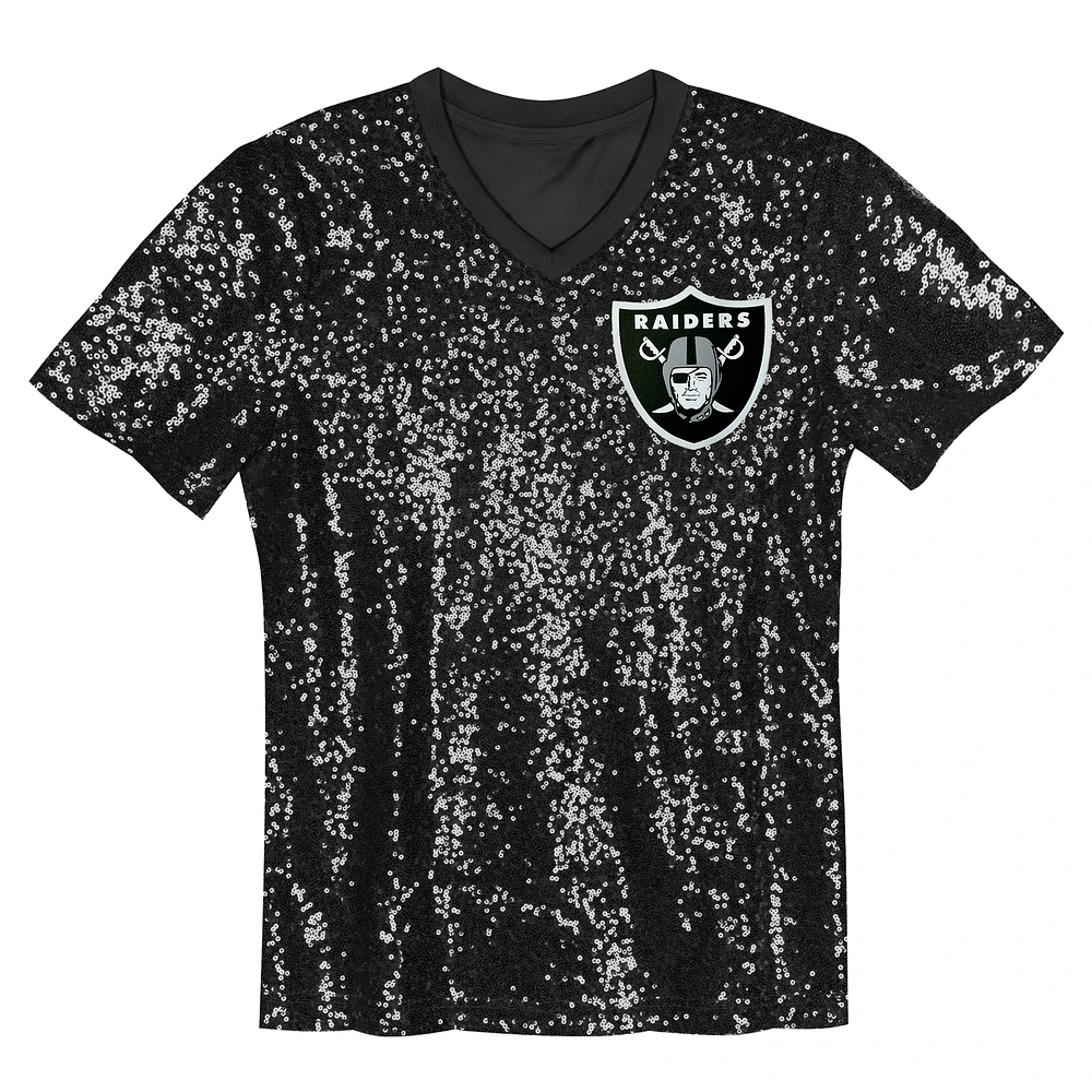 Girls Youth Maxx Crosby Black Las Vegas Raiders Sequin V-Neck Fashion Jersey