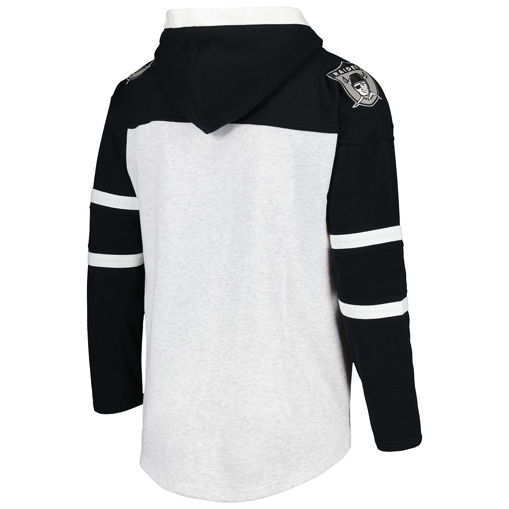 Men's '47 Las Vegas Raiders Heather Gray Historic Logo Gridiron Lace-Up Pullover Hoodie