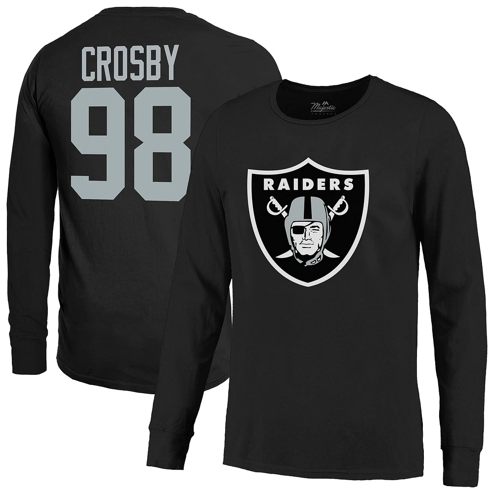 T-shirt à manches longues non vieilli pour homme Majestic Threads Maxx Crosby Black Las Vegas Raiders avec nom et numéro