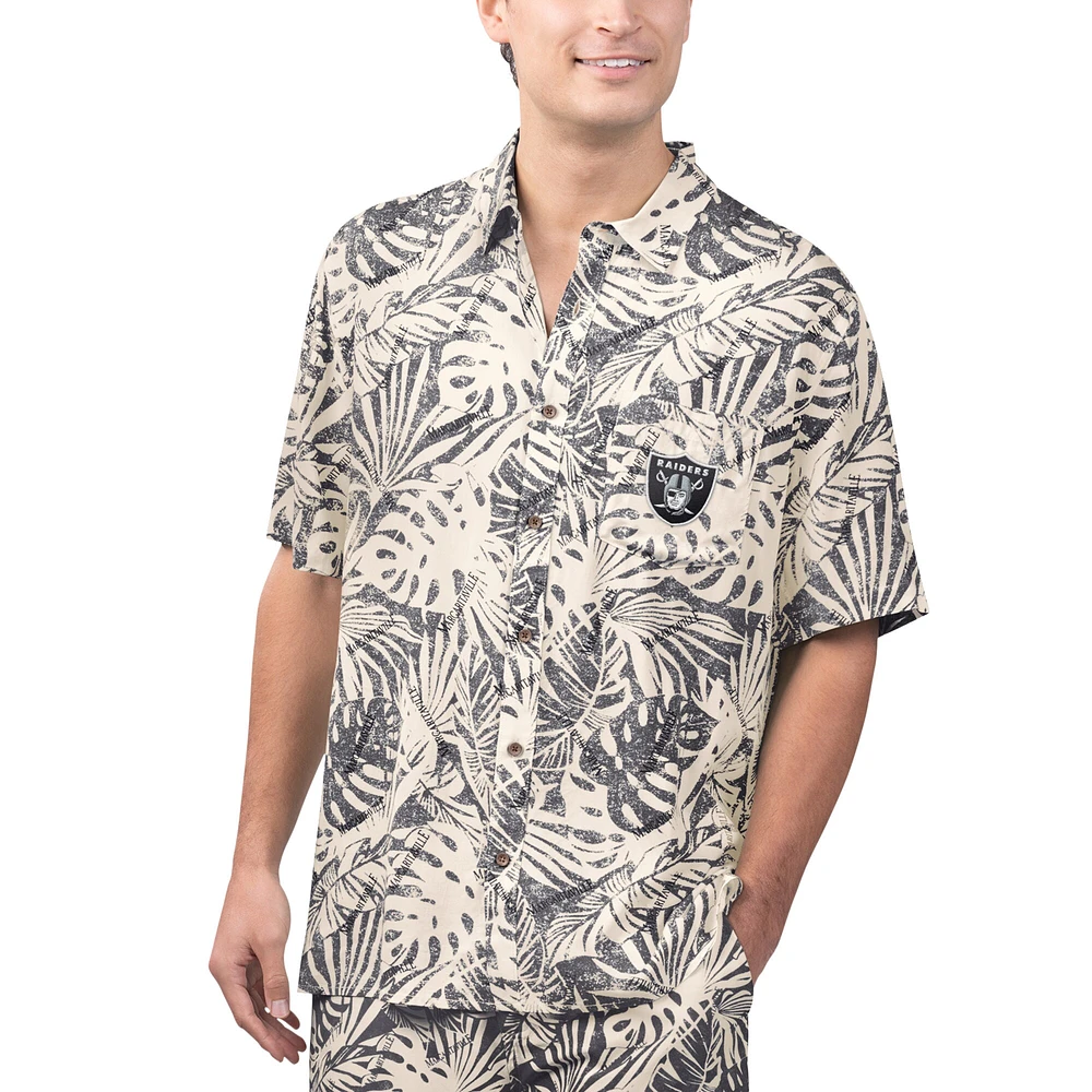 Chemise boutonnée de fête à imprimé Monstera lavé au sable Margaritaville Tan Las Vegas Raiders pour hommes