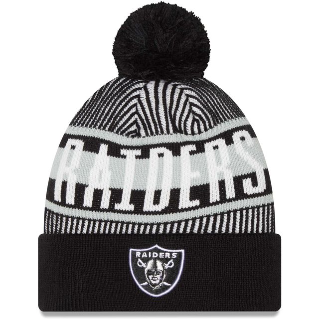 New Era Las Vegas Raiders rayé noir pour homme - Bonnet en tricot à revers avec pompon
