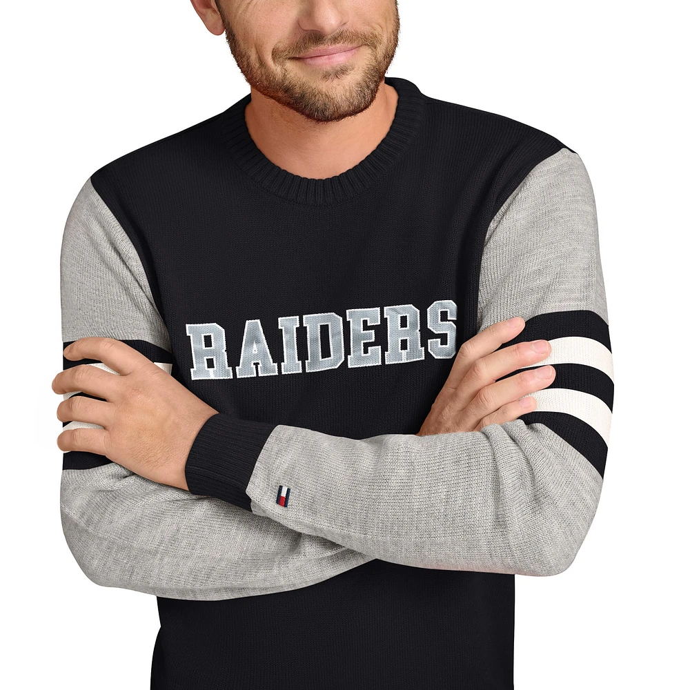 Men's Tommy Hilfiger Black/Heather Gray Las Vegas Raiders Acrylic Crewneck Pullover Sweatshirt