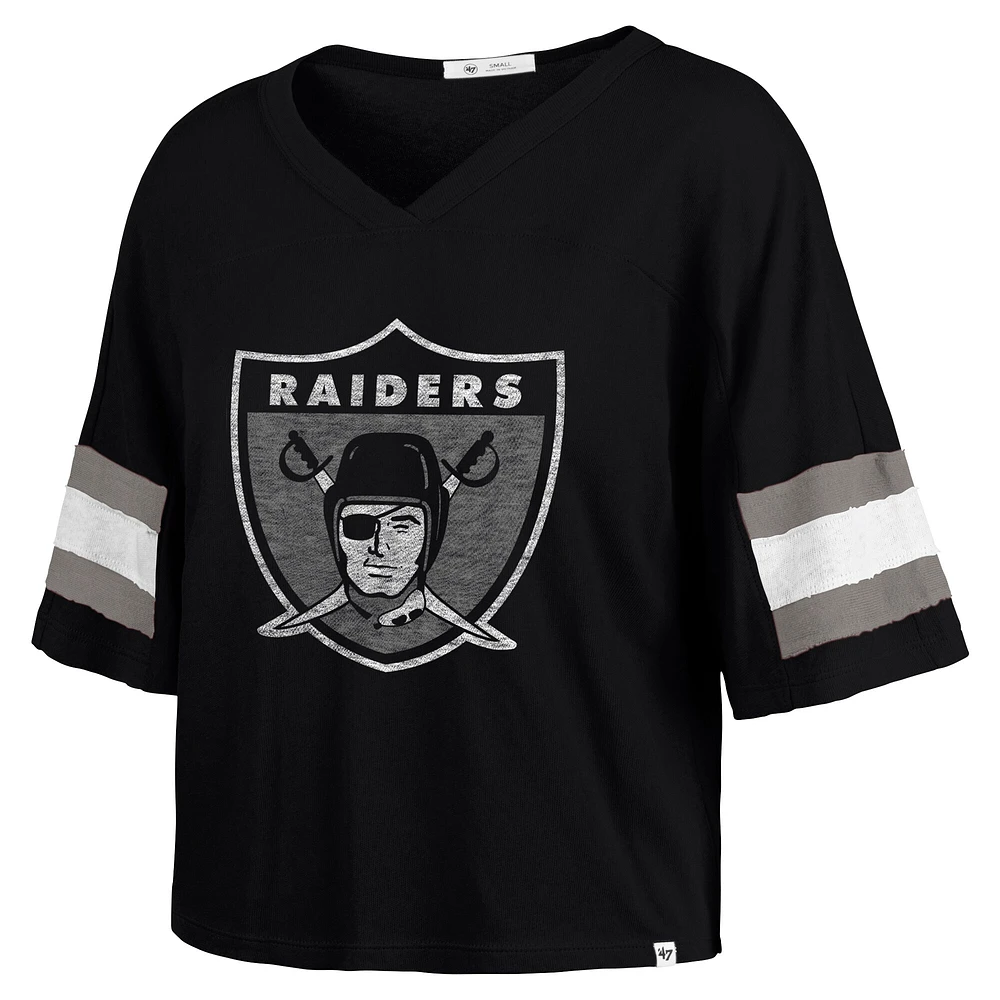 Women's '47 Black Las Vegas Raiders  Double Header Scout Cropped V-Neck T-Shirt