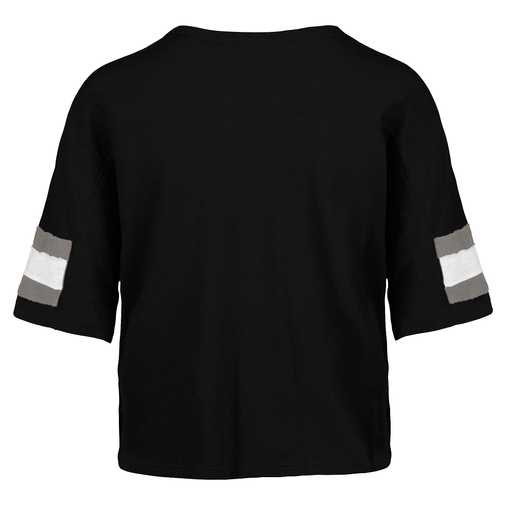 Women's '47 Black Las Vegas Raiders  Double Header Scout Cropped V-Neck T-Shirt