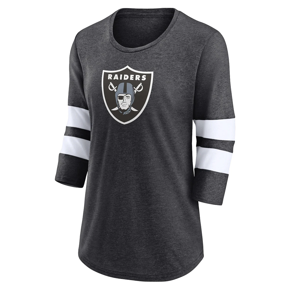 Women's Fanatics Heathered Charcoal Las Vegas Raiders Primary Logo 3/4 Sleeve Scoop Neck T-Shirt