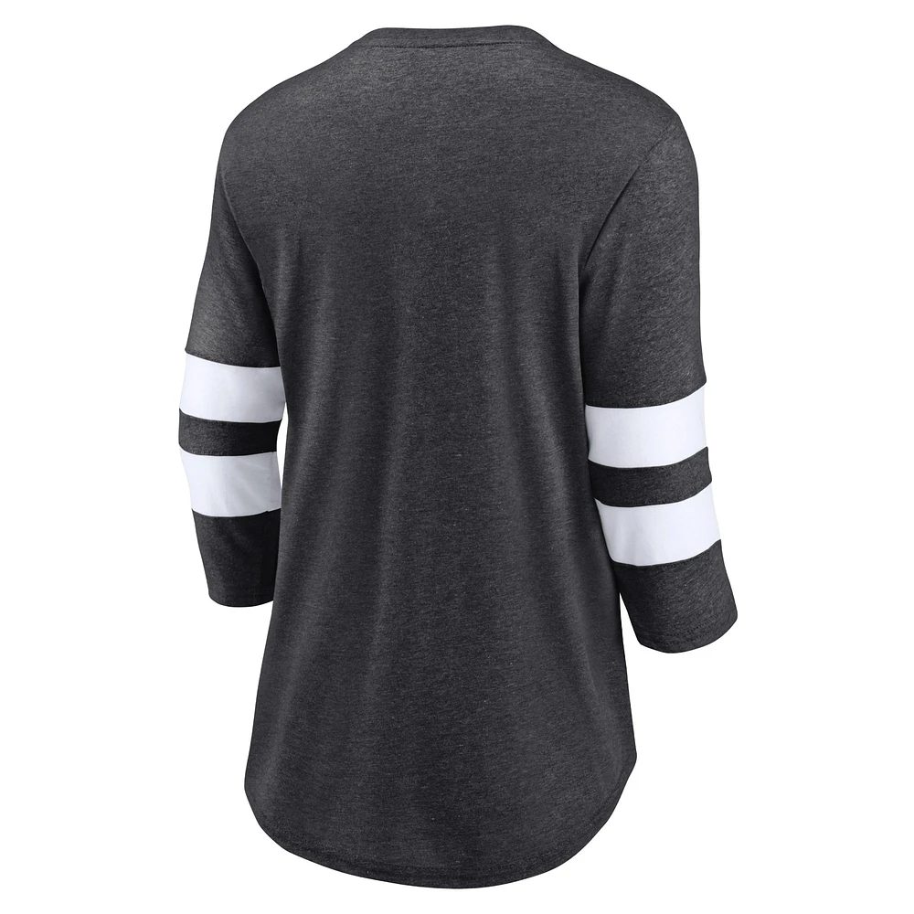 Women's Fanatics Heathered Charcoal Las Vegas Raiders Primary Logo 3/4 Sleeve Scoop Neck T-Shirt