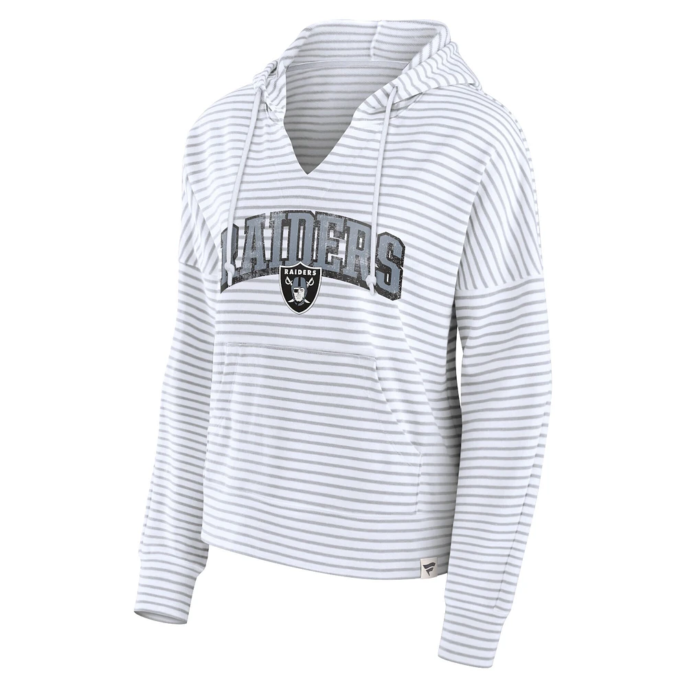 Women's Fanatics White/Gray Las Vegas Raiders Striped Notch Neck Pullover Hoodie