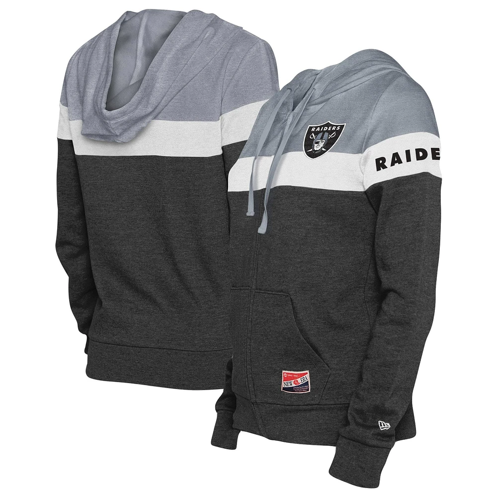 Sweat à capuche zippé New Era Las Vegas Raiders Throwback color block noir/argenté pour femme