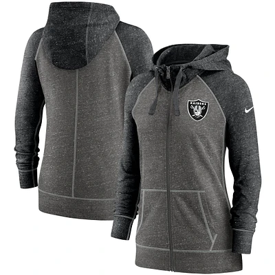 Sweat à capuche raglan entièrement zippé pour femme Nike Heathered Charcoal/Black Las Vegas Raiders Gym Vintage