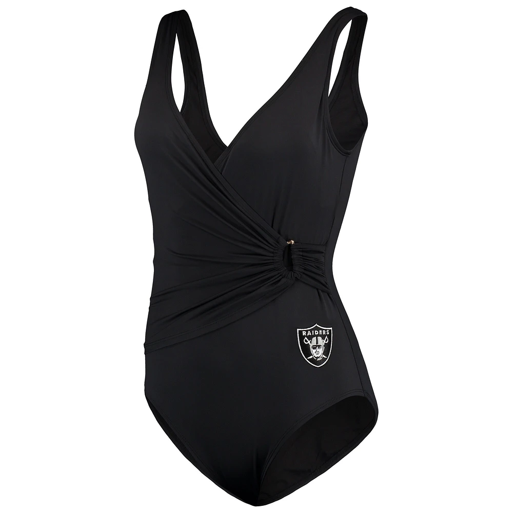 Women's Tommy Bahama Black Las Vegas Raiders Pearl Clara Wrap One-Piece Swimsuit