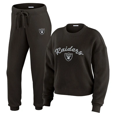Ensemble de détente pour femme WEAR by Erin Andrews composé d'un t-shirt à manches longues et pantalon en tricot tri-blend crème Las Vegas Raiders