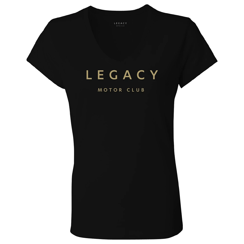 Women's Checkered Flag Black LEGACY Motor Club Team V-Neck T-Shirt