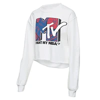 Women's Junk Food White NBA x MTV I Want My Cropped Fleece Pullover Sweatshirt