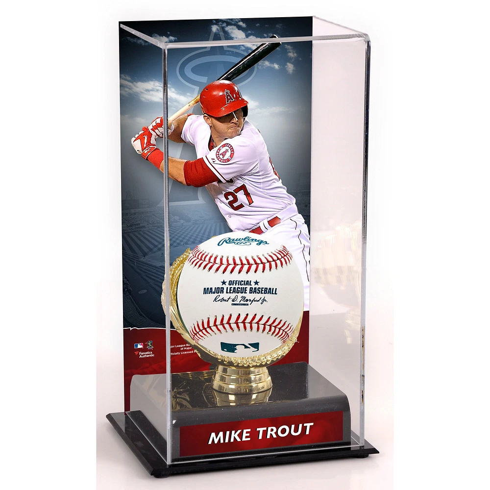 Vitrine de présentation des gants dorés des Los Angeles Angels de Mike Trout avec image