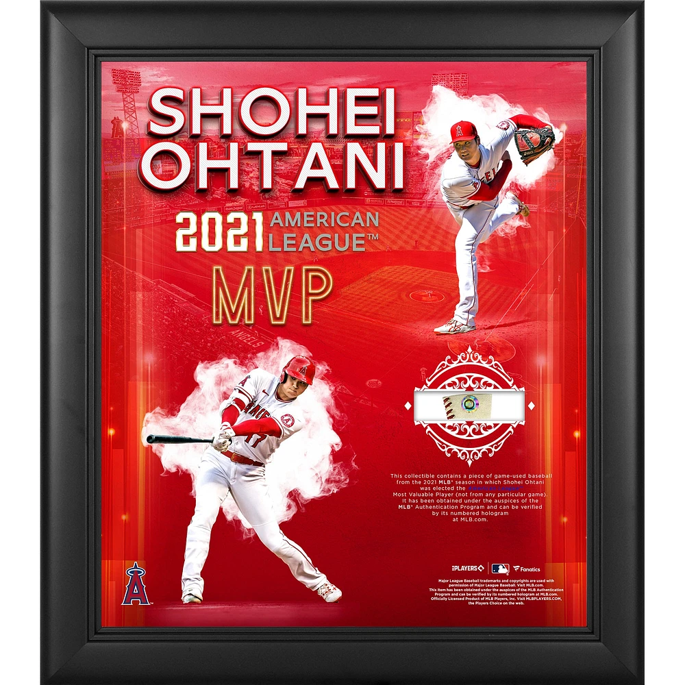 Collage encadré 15" x 17" de Shohei Ohtani Los Angeles Angels 2021 AL MVP avec un morceau de ballon utilisé lors du match