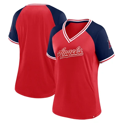 T-shirt rouge à col en V Fanatics pour femmes des Angels de Los Angeles Glitz & Glam League Diva Raglan