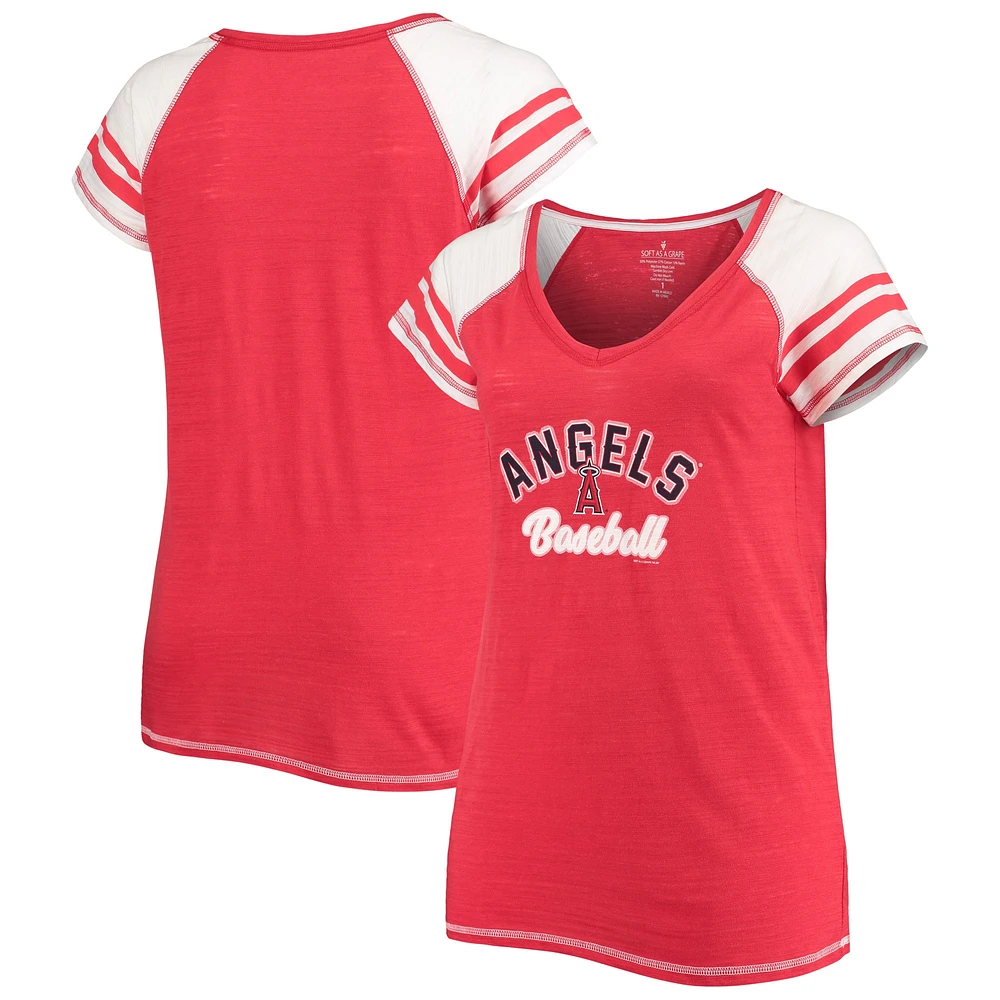 T-shirt à col en V trois mélanges raglan pour femmes, doux comme un raisin, Los Angeles Angels Curvy Color Block