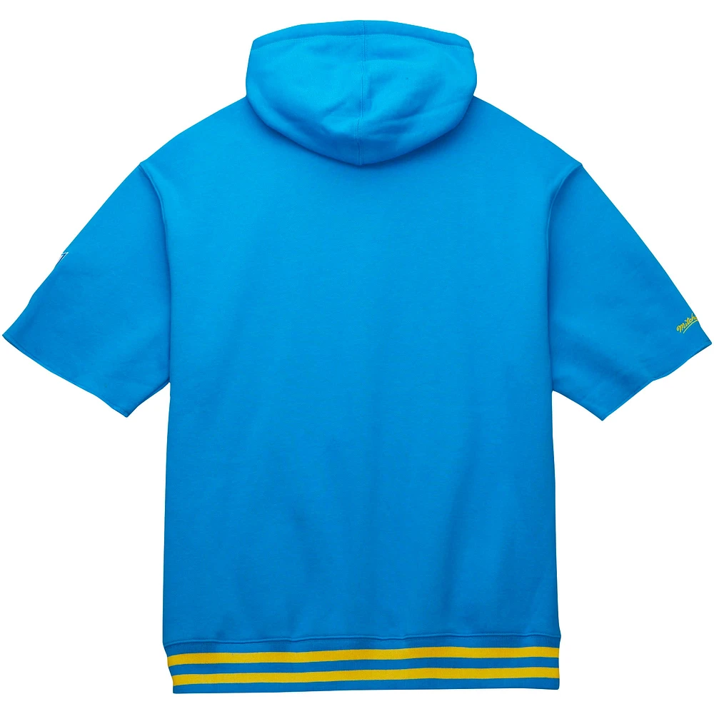 Sweat à capuche manches courtes d'avant-match Mitchell & Ness pour hommes, bleu poudre des Chargers de Los Angeles