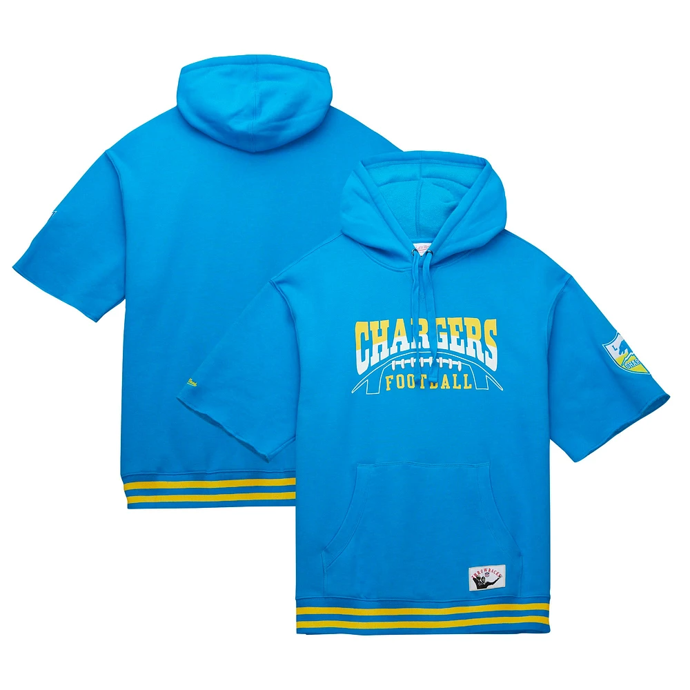 Sweat à capuche manches courtes d'avant-match Mitchell & Ness pour hommes, bleu poudre des Chargers de Los Angeles