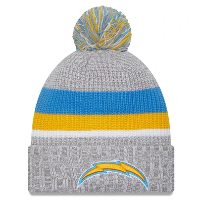 Bonnet en tricot à revers des Chargers de Los Angeles New Era gris chiné pour hommes avec pompon